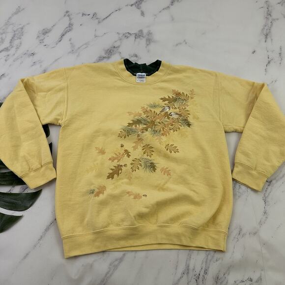 Womens Vintage Pullover Sweatshirt Size M Yellow Green Birds Fall Leaves Grandma - Picture 1 of 11